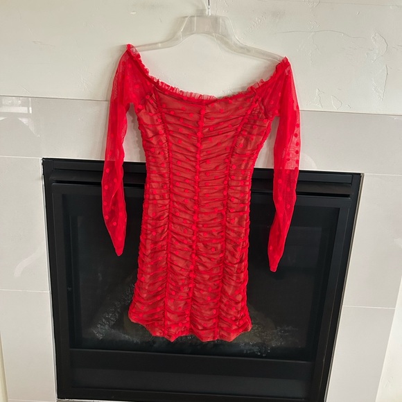 Majorelle Revolve Mesh Polka Dot Mini Dress Off The Shoulder Sexy Dress S Red - Picture 5 of 11